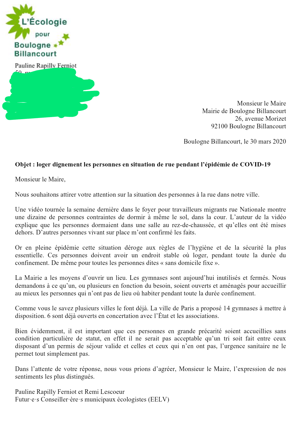 [COVID19] Lettre au Maire de Boulogne - Billancourt