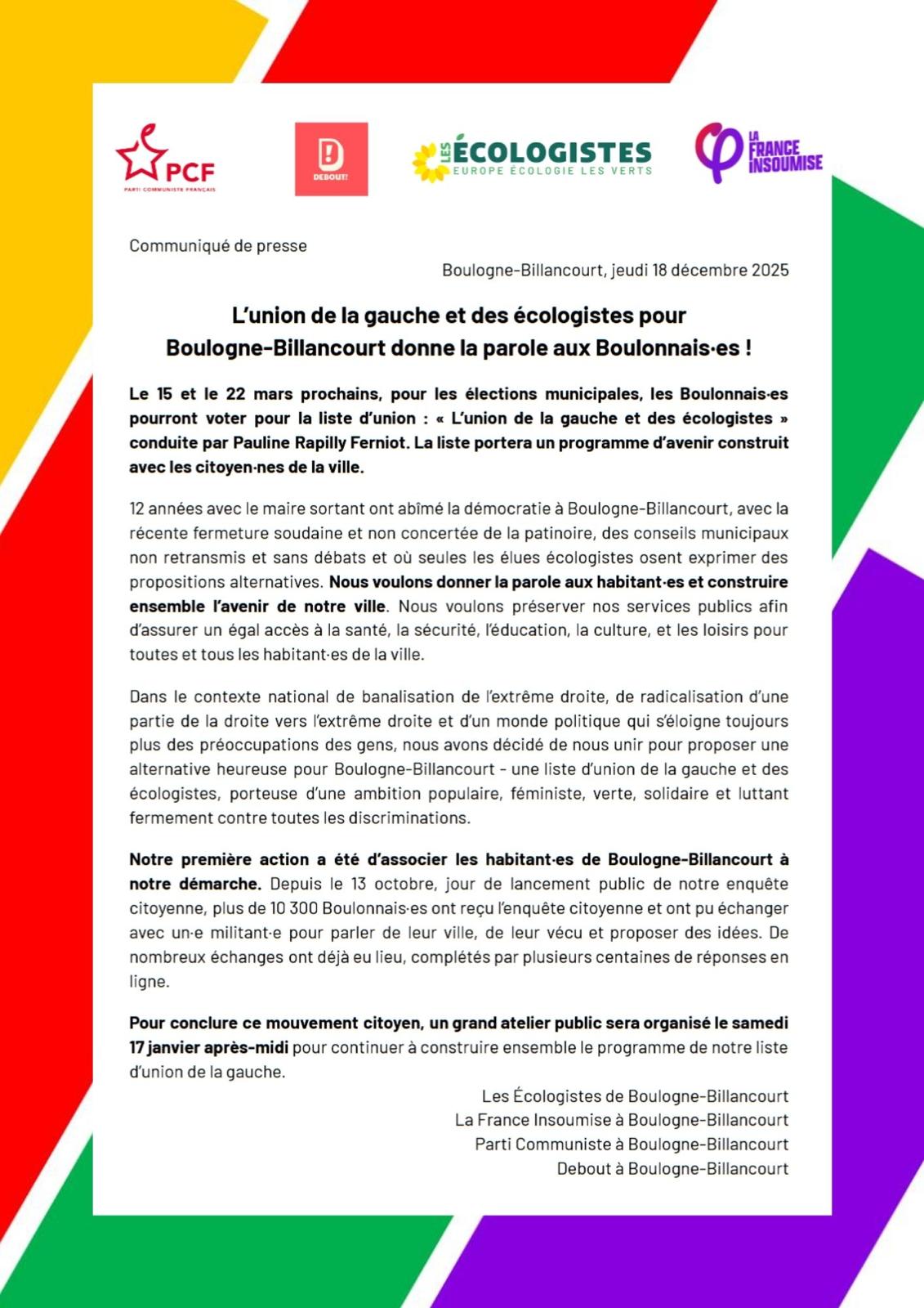 Communiqué commun pour l'élection de mars 2026